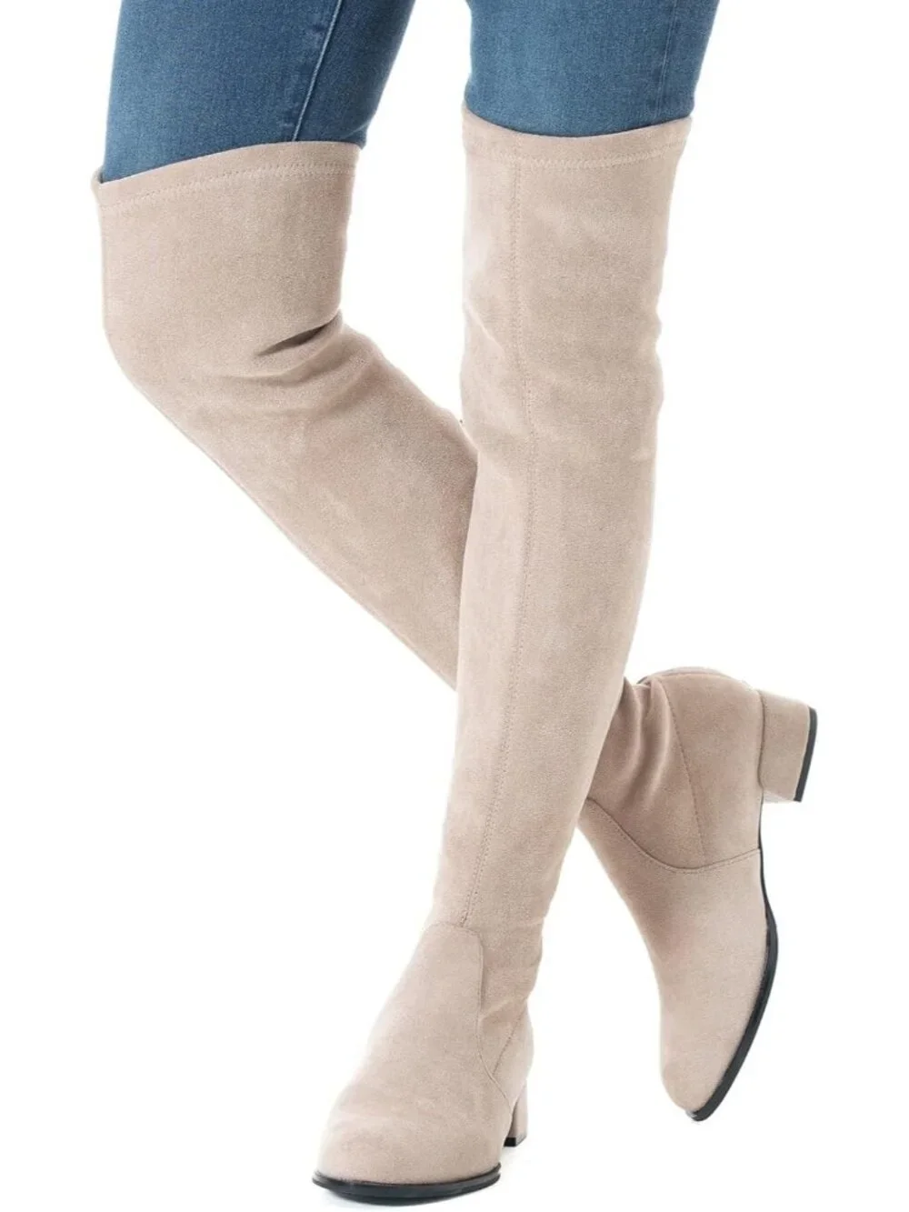 Women's Cream Suede Pointed Toe Flat Comfort Over the Knee Thigh High Boot